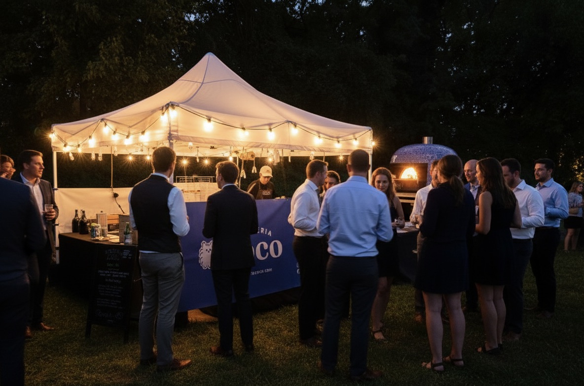 Guests watching pizzas being made at a nighttime outdoor wedding under a tent with warm lights at a Pizzeria Coco catering event.